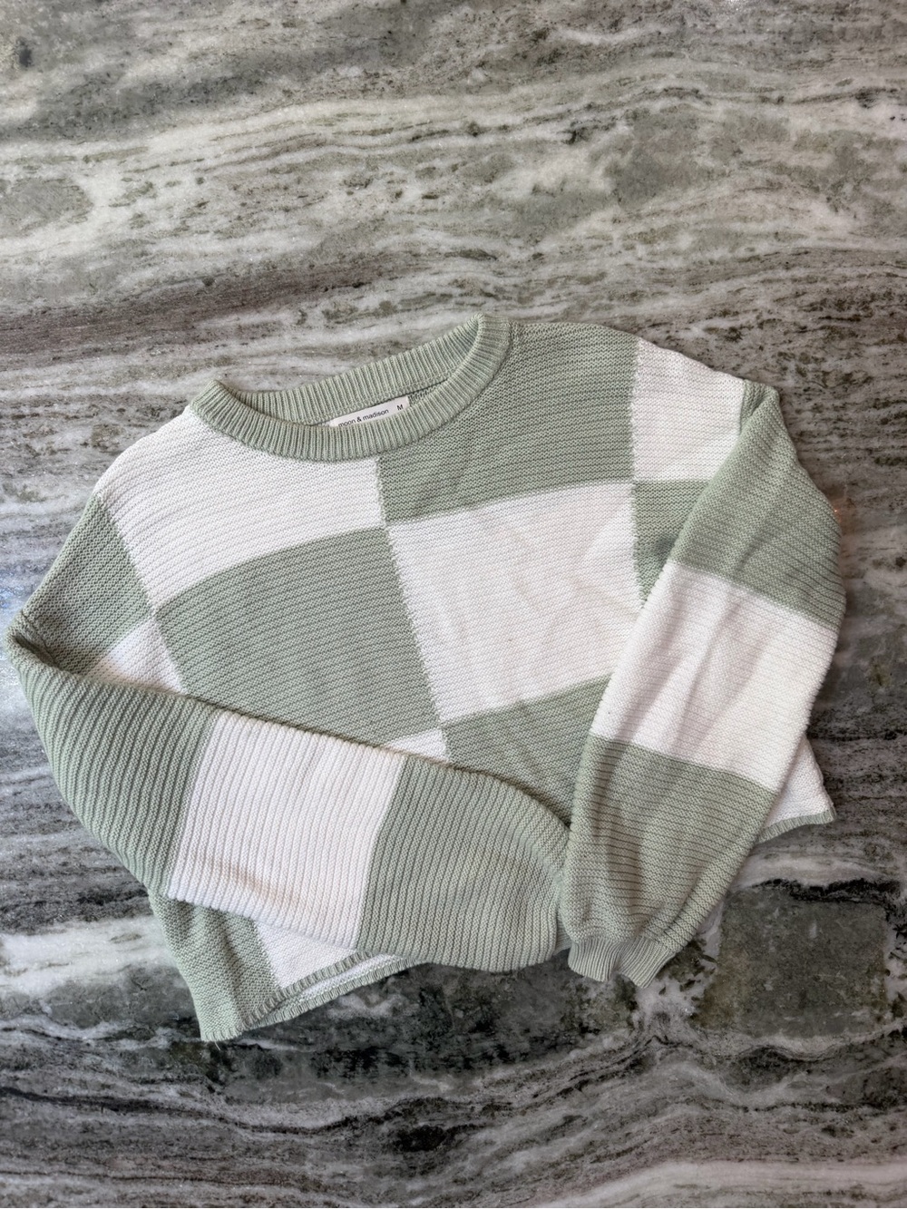 moon & madison Sage Green and White Checker Knit Sweater